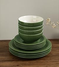 Famiware Garden Plates and Bowls Set, 24-Piece Dishes Set for 8, Scratch Resistant Kitchen Dishes Dinnerware Set - Microwave and Dishwasher Safe, Reactive Glaze and Embossed Stoneware, Dark Green