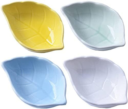 Leaves Shaped Ceramics Seasoning Dishes/Tea Bag Holders/Ketchup Saucer/Appetizer Plates/Vinegar Spice Salad Soy Sushi Wasabi Seasoning Dipping Bowls, Set of 4