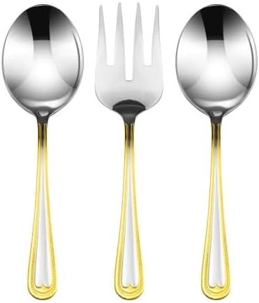 75-Piece Flatware Set for 12, Premium 18/10 Surgical Stainless Steel Silverware Cutlery Dining Service, 24K Gold-Plated Hostess Serving Set, Gift Wooden Storage Case (Pearls - Gold - 75pc)