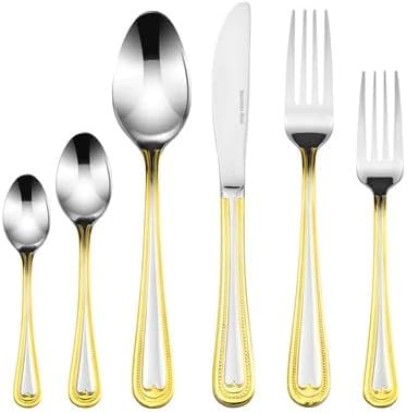 75-Piece Flatware Set for 12, Premium 18/10 Surgical Stainless Steel Silverware Cutlery Dining Service, 24K Gold-Plated Hostess Serving Set, Gift Wooden Storage Case (Pearls - Gold - 75pc)