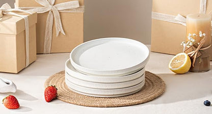 Salad Plates Ceramic Set 4 Piece – 8 Inch Plates for Salad Dessert Snacks, Microwave and Dishwasher Safe, Speckled White