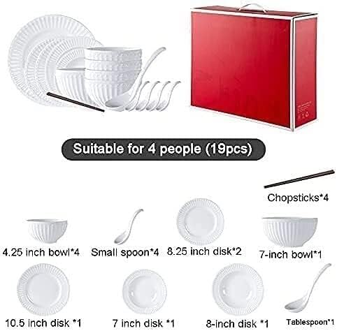 Dinnerware Set Dinner Party Tableware Service Set 19 Pcs Dinnerware Sets, Porcelain Tableware Set with Plates and Bowls, White Ceramic Dinner Set, Microwave and Dishwasher Safe