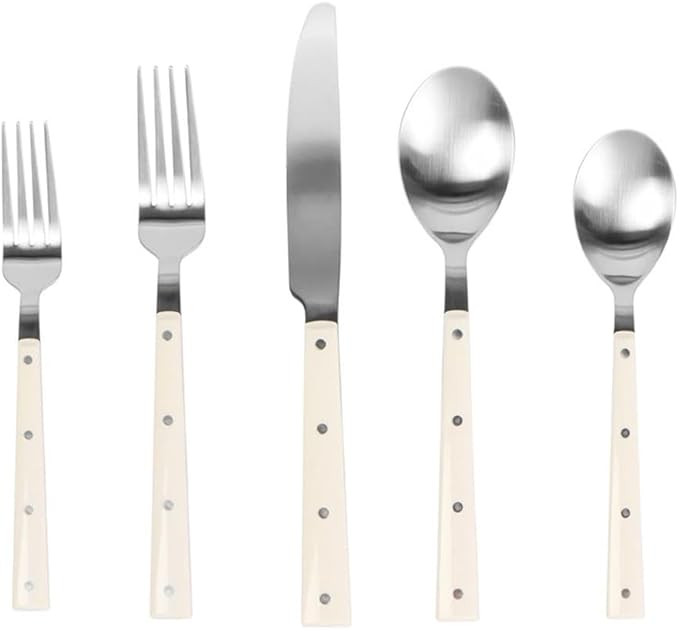 Pemberly Row Stainless Steel Flatware Set, Brushed Finish with Cream Accents, 20-Piece Set, 4 Place Settings, Dishwasher Safe, Durable Modern Silverware for Family Gatherings or Dining