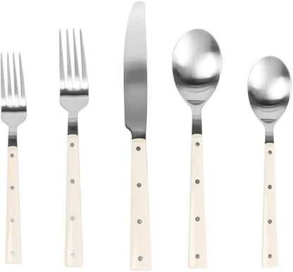 Pemberly Row Stainless Steel Flatware Set, Brushed Finish with Cream Accents, 20-Piece Set, 4 Place Settings, Dishwasher Safe, Durable Modern Silverware for Family Gatherings or Dining