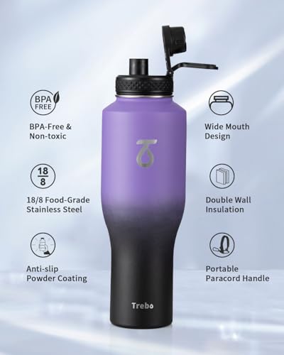 40 oz Water Bottle Insulated Fit in Any Car Cup Holder with 2 Lids (40 Ounces / Dark Purple)