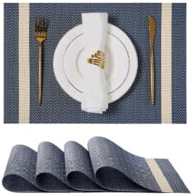 Leetaltree Sparkling Dark Blue Vinyl Woven Placemats Set of 6 - Washable Dining Table Place Mats Striped, Suitable for Wedding, Anniversary, Daily Use
