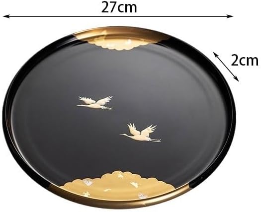 Wooden Tray Front Heavy Lacquer Resin Round Tray Japanese Handmade Crane Lacquer Tray Dry Tea Tray Tea Restaurant Dining Tray Serving Tray with Handles(B)