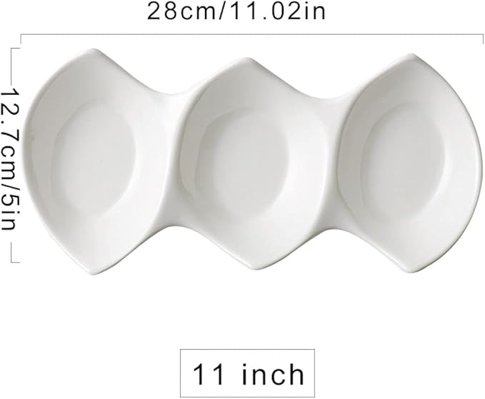 Appetizer Bowls 19 Oz Sauce Dish White Ceramic 3 Compartment Divided Appetizer Plates Soy Sauce Dipping Dishes Ketchup Vinegar Appetizer or Snack Dessert Condiments Salad Bowls (Color : White, Size
