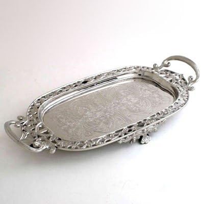 Silver 20" Victorian Vantiy Tray, Serving Platter. Floral Vanity Tray with Handles.