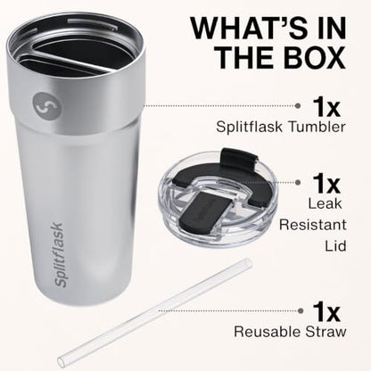 2-in-1 Hot & Cold Vacuum Insulated 30oz Tumblers, Stainless Steel Dual Chamber, Leak-Proof Lid, BPA-Free, Fits Cup Holder, Travel Coffee Mug, Split Cup, 2 Drink, 2 Sides, Coffee & Water (Silver) (Sandy Silver)