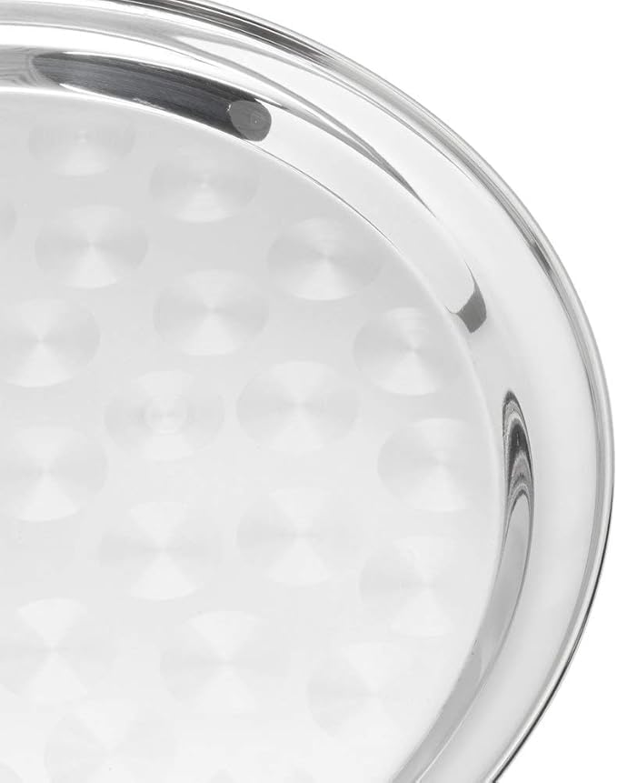 12” Stainless Steel Round Serving Tray with Swirl Pattern – Polished Display Tray with Narrow Rim for Catering, Events & Restaurants