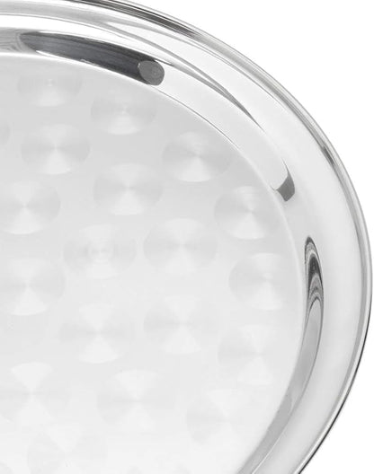 12” Stainless Steel Round Serving Tray with Swirl Pattern – Polished Display Tray with Narrow Rim for Catering, Events & Restaurants