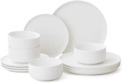 Stoneware Plates and Bowls Set - 12pcs Reactive Glazed Dinnerware Service for 4, Scratch & Chip Resistant (Nacre White)