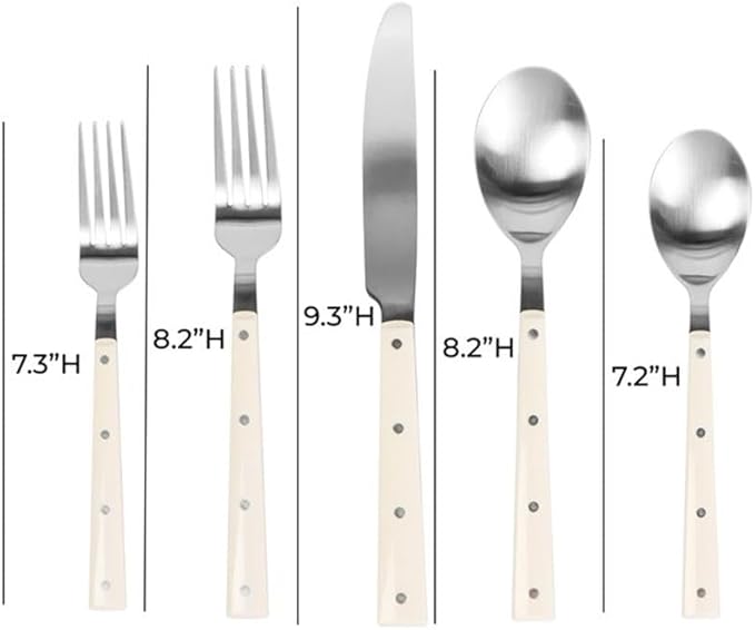 Pemberly Row Stainless Steel Flatware Set, Brushed Finish with Cream Accents, 20-Piece Set, 4 Place Settings, Dishwasher Safe, Durable Modern Silverware for Family Gatherings or Dining