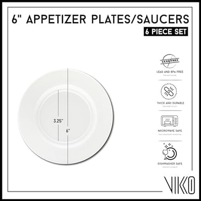 Vikko Appetizer Plate, Set of 6 Restaurant Style 6" Round Saucer Plates, Fine Porcelain Dessert Plate, Dishwasher Safe