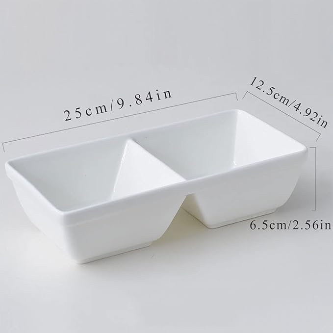 Ceramic cutlery salad bowl White Poecelain Soy Sauce Dish 2 Compartment Appetizer Plate Tray Divided Dipping Sauce Dishes for Sushi Ketchup Appetizer Serving (9.84inch） small bowl