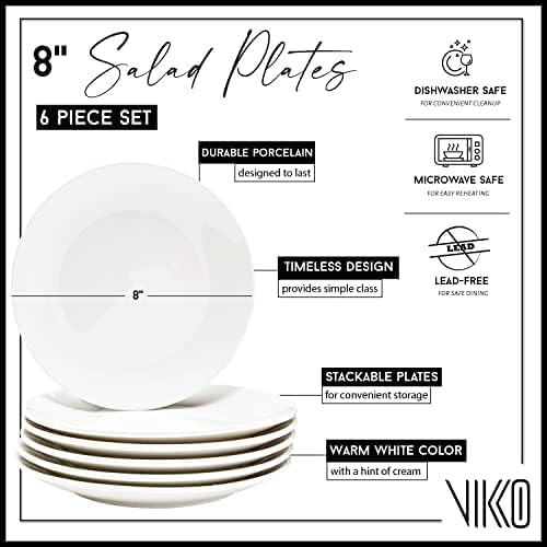 Vikko Salad Plate, Set of 6 White Plates, Fine Porcelain, Stackable 8 Inch Salad Plates, Dishwasher Safe, 8/'' Salad Plate