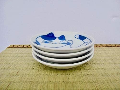 MINO WARE Japanese Small Plate Set Ceramic Cute Cats Design Appetizer Dessert Sushi Sauce Dishes, 3.94 x 0.8 Inches, Set of 4
