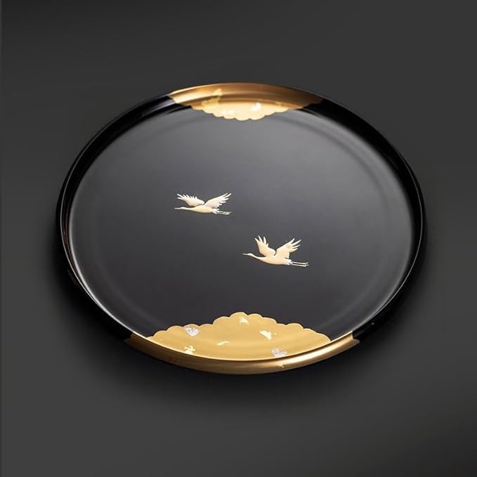 Wooden Tray Front Heavy Lacquer Resin Round Tray Japanese Handmade Crane Lacquer Tray Dry Tea Tray Tea Restaurant Dining Tray Serving Tray with Handles(B)