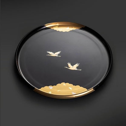 Wooden Tray Front Heavy Lacquer Resin Round Tray Japanese Handmade Crane Lacquer Tray Dry Tea Tray Tea Restaurant Dining Tray Serving Tray with Handles(B)