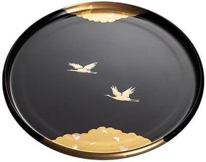 Wooden Tray Front Heavy Lacquer Resin Round Tray Japanese Handmade Crane Lacquer Tray Dry Tea Tray Tea Restaurant Dining Tray Serving Tray with Handles(B)