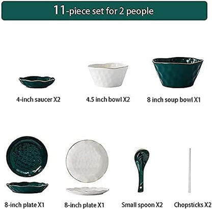 Dinnerware Sets, Tableware Set, Nordic Minimalist Style Plate and Bowl Sets, Green and White Mixed Ceramic Dinnerware Sets, Irregular Underglaze Kitchen Plate Set