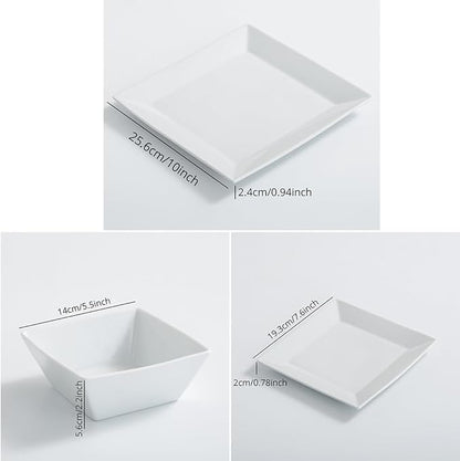 DOMINI 12-Piece Ceramic Kitchen Dinnerware Set, Service for 4, Porcelain Dishes Dinner Set, Square Dinnerware Sets with Dinner Plates, Dessert Plates and Pasta Bowls,Square-White