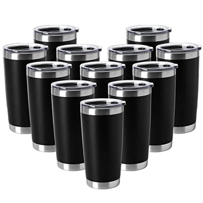 20oz Tumblers Stainless Steel Mugs with Lid Double Wall Vacuum Insulated Coffee Cups for Cold & Hot Drinks (Black-A / 12 Count (Pack of 1))
