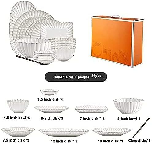 Dinnerware Sets Dish Set,26 Pcs Porcelain Tableware Set with Plates and Bowls,White Ceramic Dinner Set for Home Kitchen and Dinning