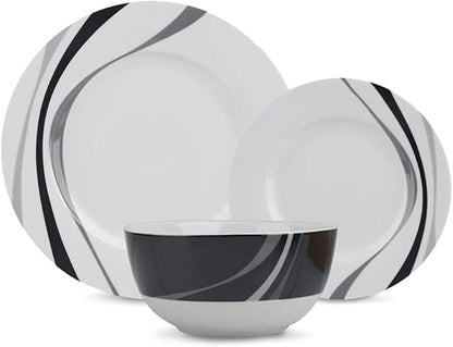 Amazon Basics 18-Piece Complete Kitchen Dinnerware Set, Microwave and Dishwasher Safe, Plates, Dishes, Bowls, Swirl, Heat Resistant, Service for 6, Everyday Use