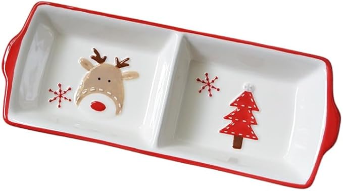 Christmas Ceramic Appetizer Plates for Tapas, Salad, Appetizer, Dishwasher Safe, Microwave Safe, Freezer Safe (Two grid plate 28 * 10.8 * 4cm)