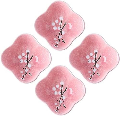 Ceramic Flower Shaped Sauce Dish Sushi Dipping Bowl Appetizer Plates Porcelain Serving Dish Seasoning Dishes,Plum blossom Set of 4 (Pink-Flower)