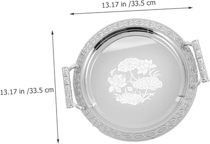 GLEAVI Floral Pattern Serving Tray Silver Decorative Fruit Candy Snack Plate Sturdy Non Fading Storage Holder for Home Kitchen Dining and Buffet Use
