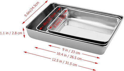 TOYANDONA 3pcs 304 Stainless Steel Serving Trays Set, Multipurpose Food and Dessert Plates with Deep Edges, Oven-Safe Baking and BBQ Grill Pans for Kitchen and Party Use