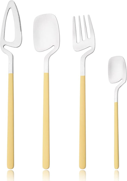 24pcs Household Cutlery Set, Matte Metal 18/10 Stainless Steel kitchen Utensils With Nice Coloured Handles For 6 People, Gift Box Packaged (Yellow Silver)