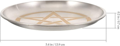 Pentagram Altar Ritual Plate Dish Flat Bowl Burning Candle Holder Offering Fruit Tray Metal Jewelry Tray Food Snack Dish Decorative Platter for Smudging Silver