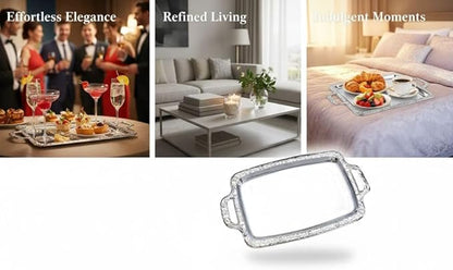 16.1 In Silver Serving Tray, European Style Stainless Steel With Handles, Metal Ottoman Decorative Food Tray For Coffee Tables And Parties