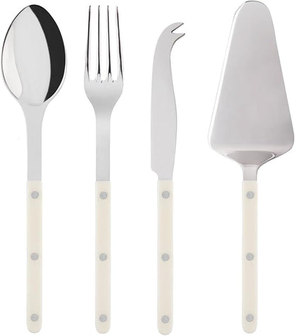 SABRE PARIS - 4-Piece Serving Set - Bistrot Collection - 2 Serving Flatware, Serrated Pie Server, Large Cheese Knife - Stainless Steel & Nylon - Dishwasher Safe - Ivory - Brilliant Finish