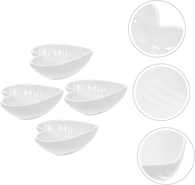 GLEAVI 4pcs Heart-shaped Ceramic Sauce Dishes Seasoning Bowl Serving Plate Charcuterie Plate White Serving Platter for Sauces Soy Mustard Vinegar Desserts Condiments Appetizers