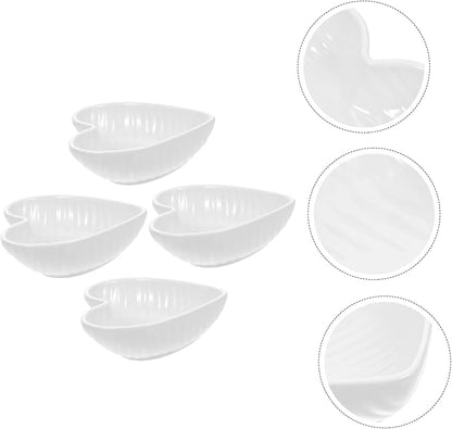 GLEAVI 4pcs Heart-shaped Ceramic Sauce Dishes Seasoning Bowl Serving Plate Charcuterie Plate White Serving Platter for Sauces Soy Mustard Vinegar Desserts Condiments Appetizers
