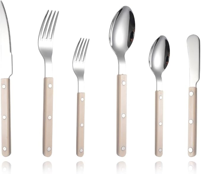 6-Piece Stainless Steel Silverware Cutlery Set - Color Handle with Rivet/Retro Style Sabre Flatware - Includes Dinner Knife; Dinner Fork; Salad Fork; Soup Spoon; Teaspoon; Spreader (Beige white)