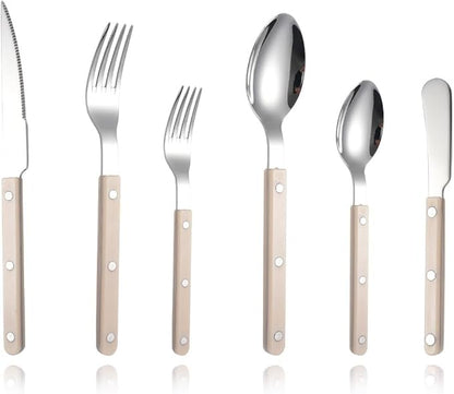 6-Piece Stainless Steel Silverware Cutlery Set - Color Handle with Rivet/Retro Style Sabre Flatware - Includes Dinner Knife; Dinner Fork; Salad Fork; Soup Spoon; Teaspoon; Spreader (Beige white)