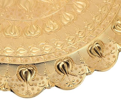 Jeanoko 1PCS Gold Serving Trays, 13.8" Dia Round Metal Serving Tray, Turkish Tea Coffee Serving Tray, Coffee Plate for Bar Outdoor Dessert