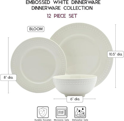 Tabletops Gallery Embossed White Porcelain Round Dinnerware - Bloom 12 Piece Dinnerware Set