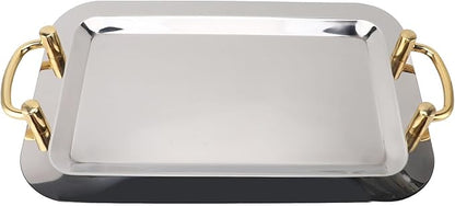 Stainless Steel Serving Plate, Elegant Mirror Finish Serving Tray Reusable Unbreakable Modern Kitchen Plates Golden with Handle for Hotel Restaurant Banquet (Rectangular (Length 16.9in))
