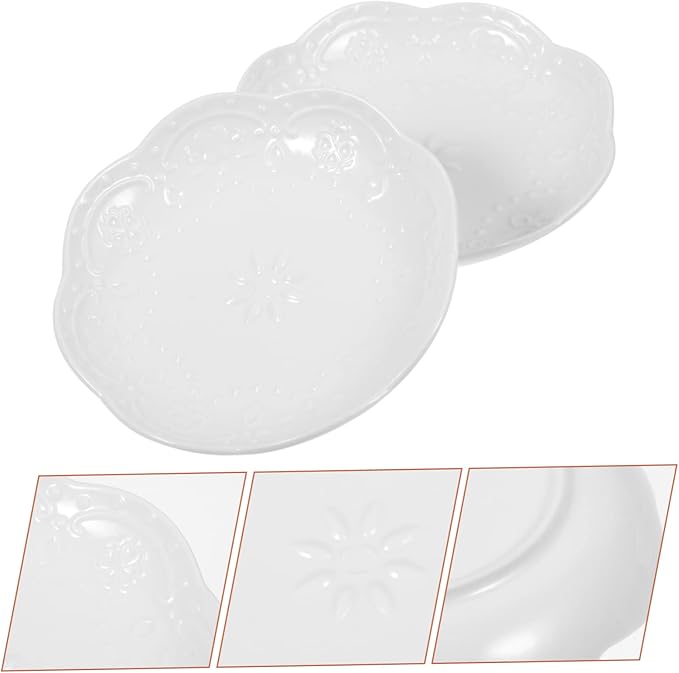 2pcs Embossed Porcelain Appetizer Plates Snack Dipping Plate Set Delicate Pattern White