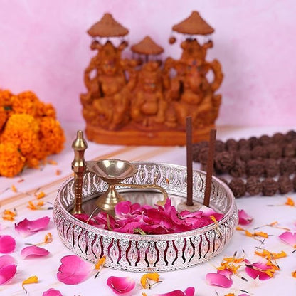 Silver Decorative Multipurpose Round Tray – 6 × 1 Inches Ornate Metal Platter for Snacks, Dry Fruits, Makeup, Jewelry, Puja & Gifts – Elegant Home Décor Serving Tray