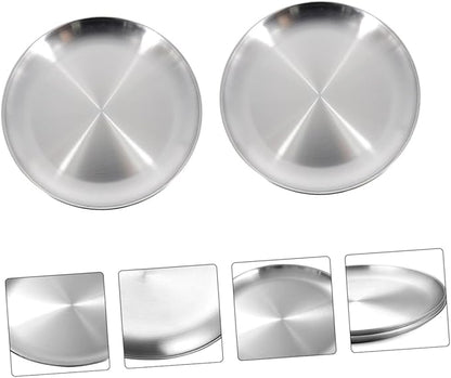 PRETYZOOM 2pcs Elegant Round Bbq Plate Stainless Steel Pizza Serving Trays Storage Plate for Family Gatherings