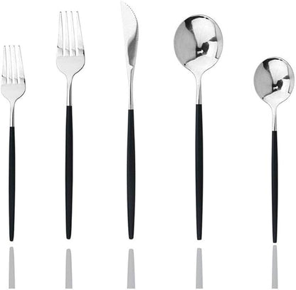 JASHII Black Silver Silverware Set, 20-Piece Stainless Steel Satin Finish Flatware, Kitchen Utensils, Mirror Polished Tableware Cutlery for Home and Restaurant, Dishwasher Safe