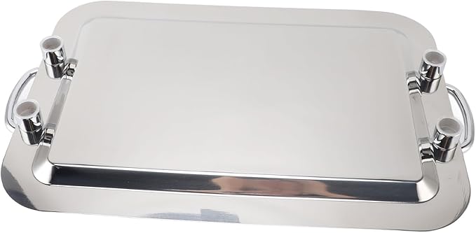 Silver Tray with Stainless Steel Platter with Handle – Multifunction Portable Serving Tray for Restaurant & Hotel Buffet, Rectangle Shape, 47.5cm (Rectangle Shape with Silver Handle, 47.5cm)